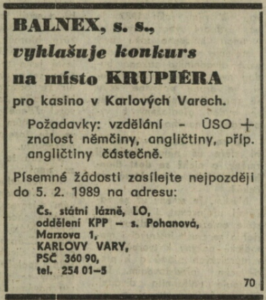  Reklama kasina v časopise Stadion, 1990 Inzerát z deníku Pravda, 18. leden 1989 